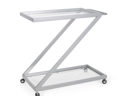 Modern Z Shaped Bar Cart With Tempered Glass Shelves - Silver