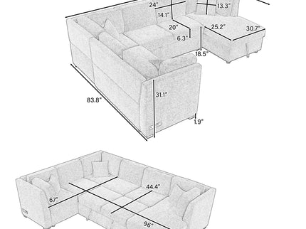 U-Shaped Sectional Sofa Pull Out Sofa Bed With Two USB Ports, Two Power Sockets, Three Back Pillows And A Storage Chaise For Living Room