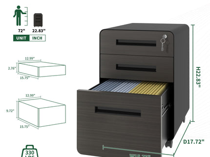 3-Drawer Mobile File Cabinet With Lock, On Casters, Holds A4/Letter Files