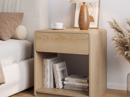 Bedside Table Set With Storage Drawers And Open Shelves, Compact With Rounded Corners (Set of 2) - Oak