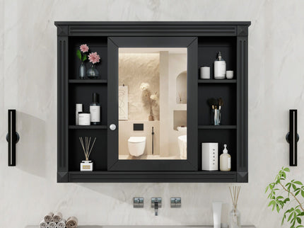 Wall-Mounted Bathroom Storage Cabinet With Mirror, 6 Open Shelves - Black