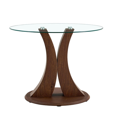2 In 1 Round Glass Dining Table With Adjustable Curved Base, - Transparent / Walnut