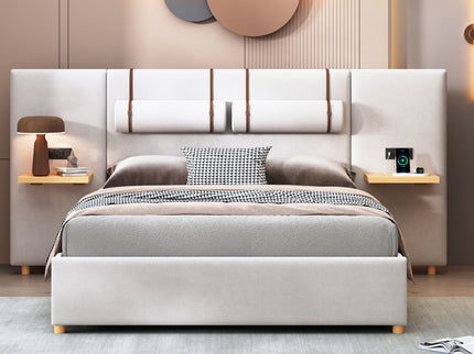 Upholstered Platform Bed, 2 Outlets And USB Charging Ports On Both Sides, 2 Bedside Pillows, Storage Shelves