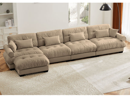 Modern Sectional Sofa With Ottoman, Round Bolster Armrests, Waist And Throw Pillows
