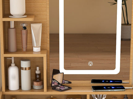 Vanity Table With LED Mirror, Power Outlet, Hairdryer Holder & Padded Stool, Compact Dressing Desk For Small Bedrooms - Wood