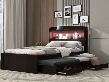 Platform Bed With LED Headboard, Charging Station, Trundle And 2 Drawers