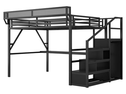 Loft Bed With Desk And Charging Station With Stairs And Light