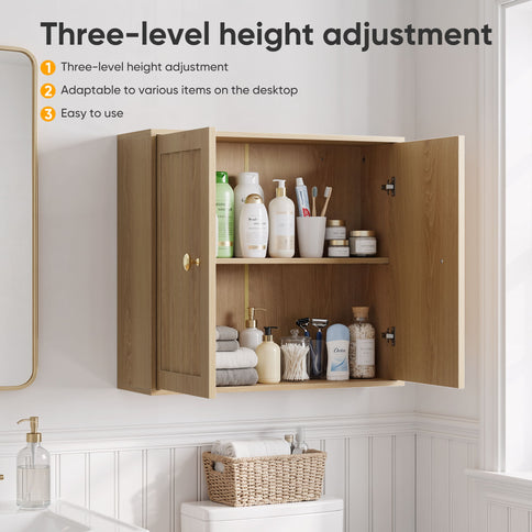 Wall Mounted Bathroom Cabinet With Double Doors And Vertical Grooved Design For Bathrooms - Oak