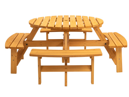 8 Person Wooden Picnic Table, Outdoor Camping Dining Table With Seat, Garden, Diy With 4 Built-In Benches, 2220Lb Capacity