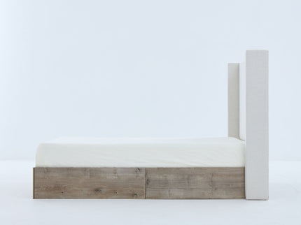 Shelton - Queen Upholstered Wingback Bed With 54" High Headboard - Ivory / Light Gray / Camel Oak
