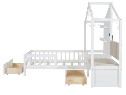 House Bed With Upholstered Sofa, Wireless Charging Station, Shelves And 2 Drawers
