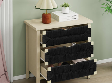 3 Drawer Buffet Sideboard With Adjustable Shelves, Storage Cabinet With Natural Seaweed Decor Doors For Living Room Kitchen Entryway - Natural