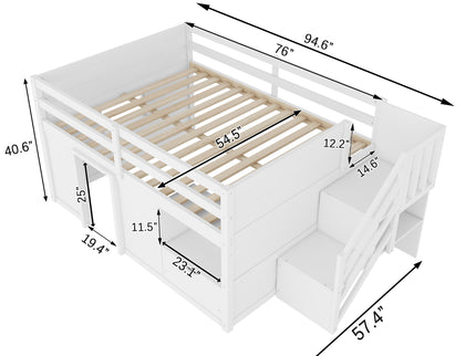 Low Loft Bed Frame With Built In Stairs, Storage Drawer, Shelf And 7 Color LED Light
