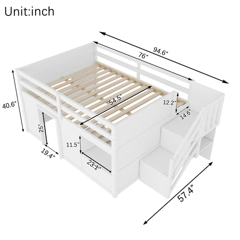 Low Loft Bed Frame With Built In Stairs, Storage Drawer, Shelf And 7 Color LED Light