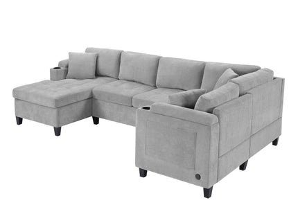 U Shaped Sectional Sofa, Corner Living Room Couch With Built In Cup Holders, Storage, USB Ports