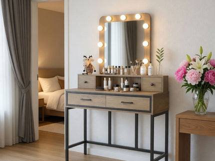 Vanity Desk With 3 Color Lighted Mirror And 4 Drawers
