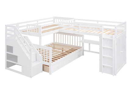 L Shaped Bunk Bed With 3 Drawers, Portable Desk And Wardrobe