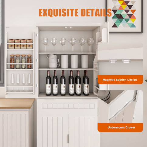 Farmhouse Style Pantry Cabinet With Drawer 2 Cabinets & 6 Door Shelves Adjustable Shelves Freestanding Cupboard - White