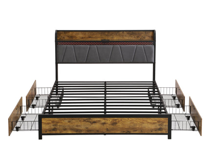 Contemporary Bed Frame With Storage Headboard, Charging Station, LED Lights