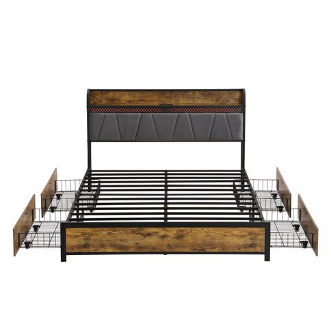 Contemporary Bed Frame With Storage Headboard, Charging Station, LED Lights