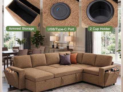 U - Shaped Convertible Sectional Sofa Bed With Storage, USB Charger & Cup Holders