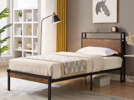 Platform Bed Frame With Wooden Headboard And Footboard, USB Liner