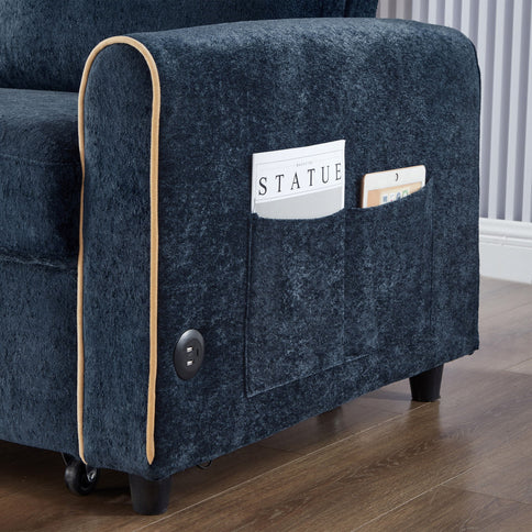 Pull Out Sofa Bed With Adjustable 3 Position Backrest, USB Charging Ports, Side Pockets
