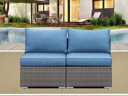 Armless Patio Sofa Set, With UV Resistant Frame And Waterproof Cushions - Blue / Brown
