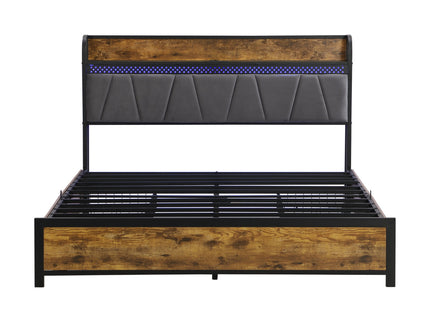 Contemporary Bed Frame With Storage Headboard, Charging Station, LED Lights