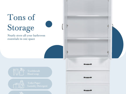 Tall Bathroom Storage Cabinet With 2 Doors And Drawers, Adjustable Shelf - White