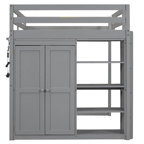 Loft Bed With Built In Wardrobe, Storage Shelves, And LED Light
