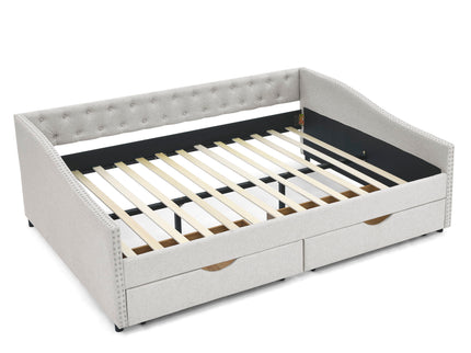 Upholstered Tufted Daybed With Drawers, Waved Arms