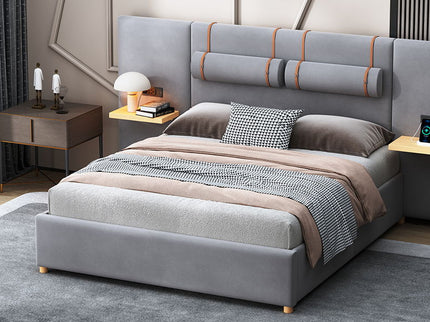Upholstered Platform Bed, 2 Outlets And USB Charging Ports On Both Sides, 2 Bedside Pillows, Storage Shelves