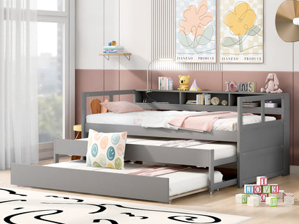 Daybed With 2 Trundles, 3 Storage Cubbies, Built In USB Charging Light