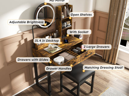 Makeup Vanity Table With LED Lights, 3 Color Options, Power Outlet