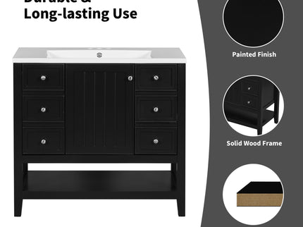36" Bathroom Vanity Base With 2 Cabinet And 3 Drawers - Black