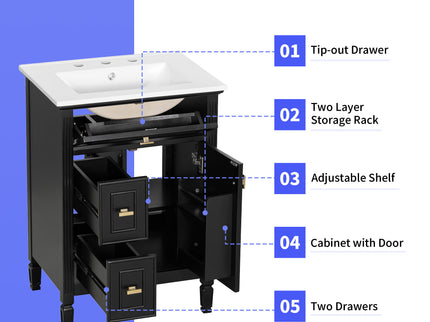 Modern Bathroom Vanity With Sink, Flip Drawer, 2 Drawers, Adjustable Shelf