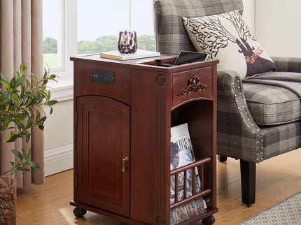 Traditional End Table With Charging Station, Narrow Side Table With USB Ports And Outlets - Red Walnut
