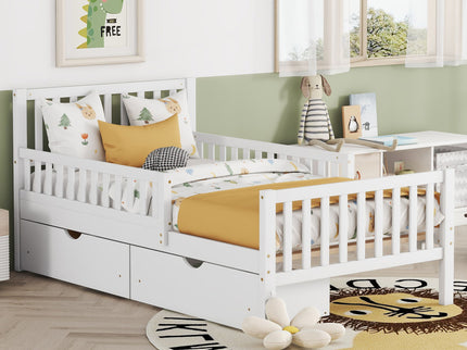 Platform Bed With Guardrails On Both Sides And 2 Storage Drawers