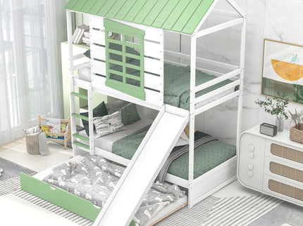 Twin Over Twin House Bunk Bed With Convertible Slide And Trundle - White