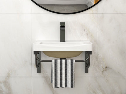 Wall Mounted Rectangular Bathroom Sink With 304 Stainless Steel Towel Bar & Overflow - White