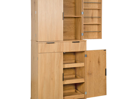 Fluted Kitchen Pantry Cabinet With 3 Keyboard Drawers & 6 Door Shelves Adjustable