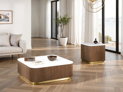 3 Piece Table Set, Square Cocktail Table & 2 Square End Tables - Brown / Gold / White