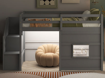Loft Bed With Storage Staircase, Window & LED Light