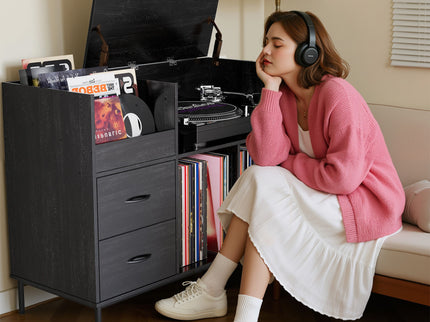 Eco-Friendly Vinyl Record Player Stand With Flip-Top Storage, Media Console With Dual Outlets And Dustproof Drawers