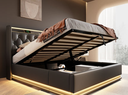 Upholstered Bed, 360 Surround LED Function, Remote Control, Hydraulic Storage Bed With USB, Type-C Charging (Without Mattress)