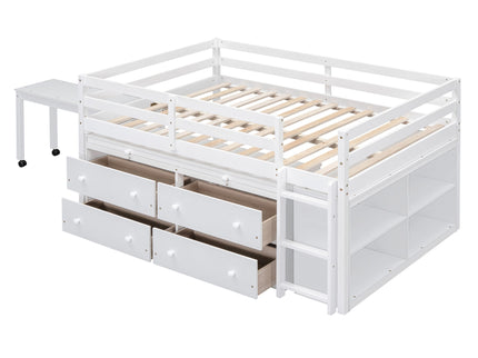 Loft Bed With Retractable Writing Desk And 4 Drawers, With Lateral Portable Desk And Shelves