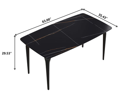 63" Artificial Stone Black Curved Black Metal Leg Dining Table, 6 People - Black