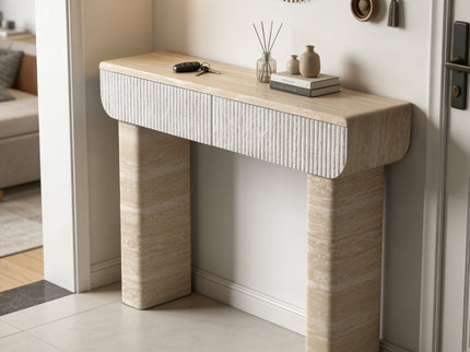 Entryway Table With 2 Hidden Handle Drawers For Entrance - Beige / Yellow