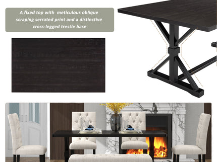 6 Piece Dining Table Set With Rectangular Wood Table, 4 Upholstered Chairs, Bench